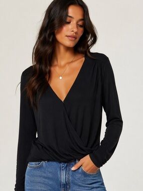 Banana Republic Black Draped V-Neck Blouse | Soft Stretch | Minimal Chic